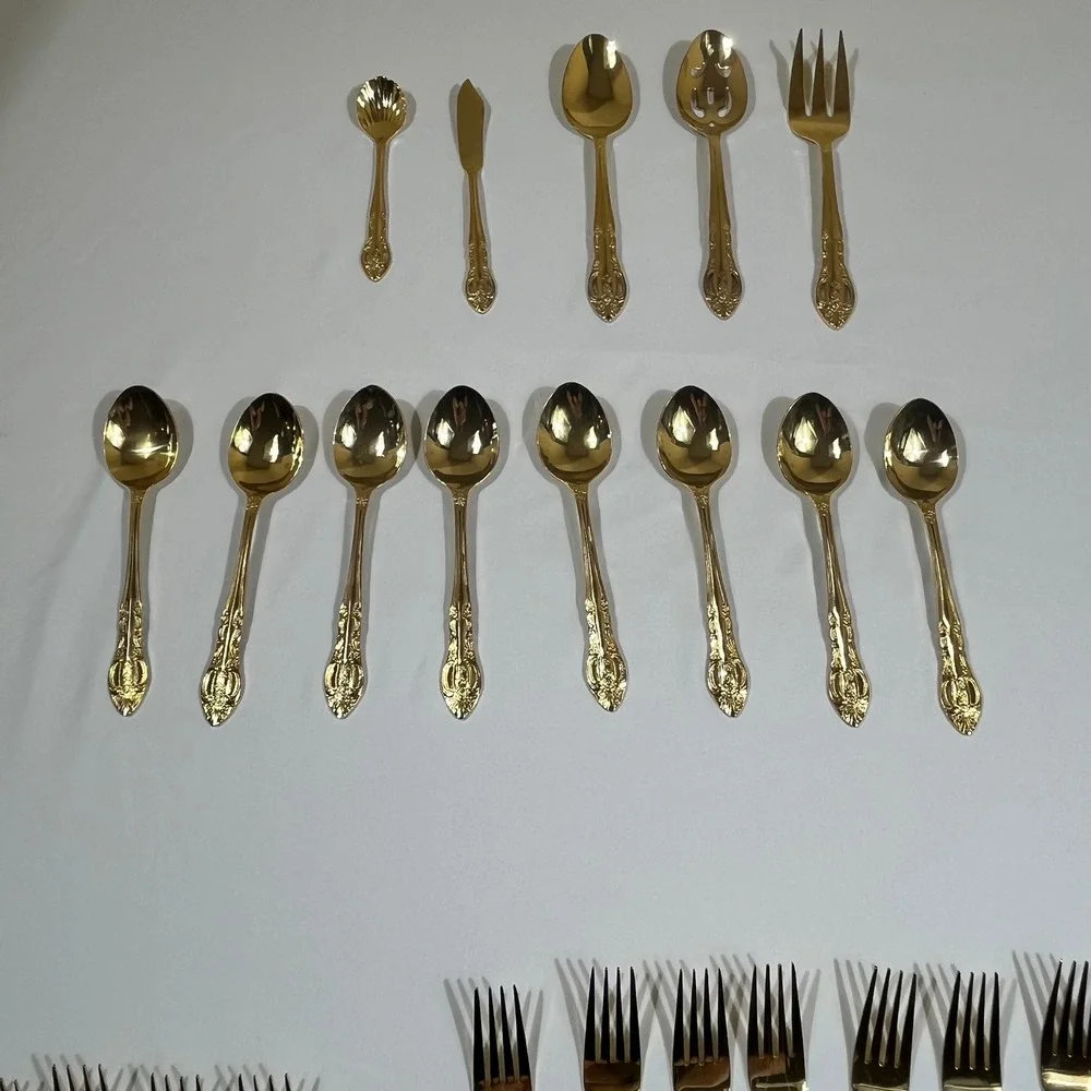 H.S. LTD Flatware Set Unisex 45pc Gold Ornate Floral Scroll Stainless Steel